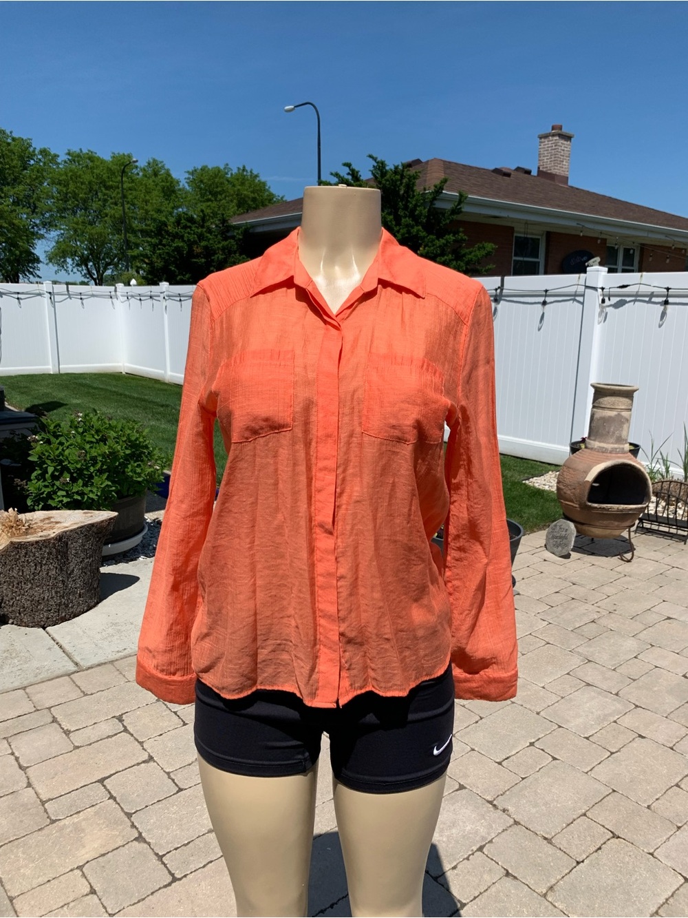 Chico's Size 0 Solid orange L Sleeve Button-Front Shirt Blouse Top USA S